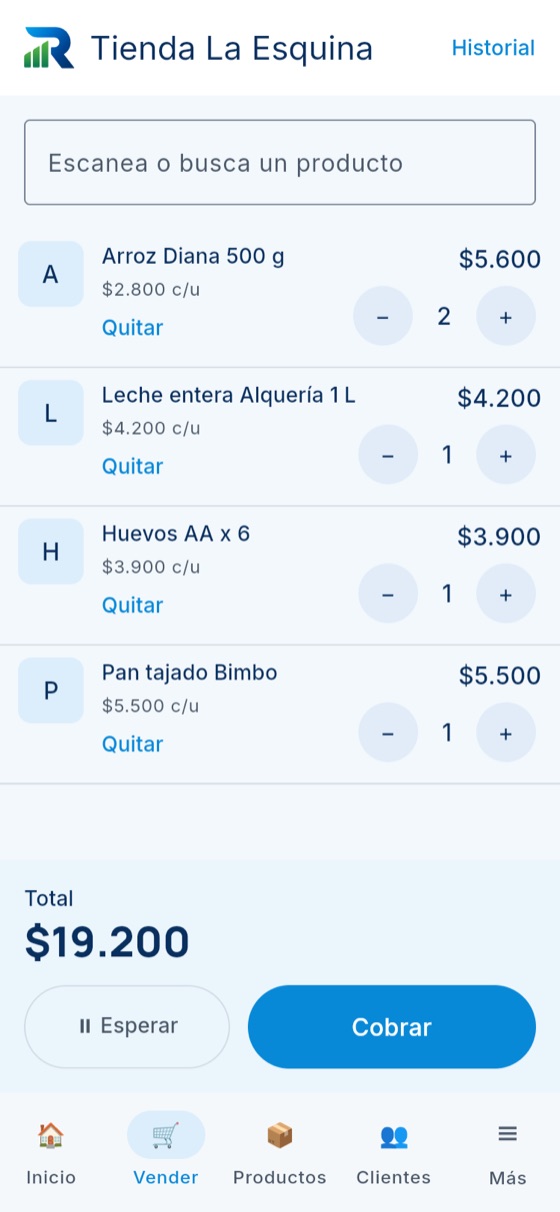Pantalla de venta en el celular con cuatro productos y el total